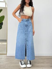 EURMUSE WOMEN LONG SLAH DETAIL DENIM SKIRT - Medium Wash - View 3