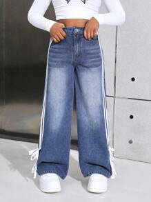 SHEIN Tween Girls Y2K 时尚侧条纹蝴蝶结宽松休闲斜口袋牛仔裤