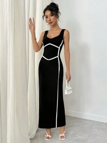 Calvaya V-Neck Fitted Color Block Geometric Split Dress With Open Back, Elegant & Casual