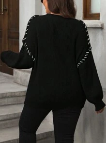 SHEIN LUNE 大码女式休闲撞色拼接落肩宽松罗纹针织套头毛衣，适合冬季和秋季穿着 - 黑色 - 查看 2