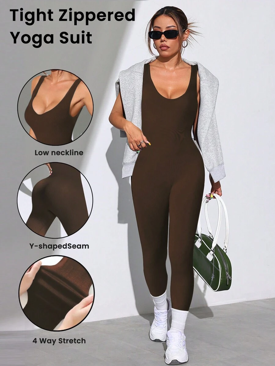 Easithlete Solid Color Crew Neck Tight Sleeveless Sports Jumpsuit Full Jumpsuit - Coffee Brown - View 1