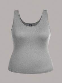 SHEIN LUNE Casual Minimalist Large Scoop Neck Tank Top For Plus Size Women, Slim Fit Tank Tops, Suitable For Summer