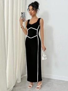 Calvaya V-Neck Fitted Color Block Geometric Split Dress With Open Back, Elegant & Casual
