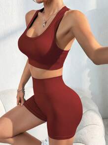 2 stuks dames effen kleur ronde hals crop tanktop en hoge taille shorts athleisure activewear set voor Chinese Nieuwjaar workout damesset