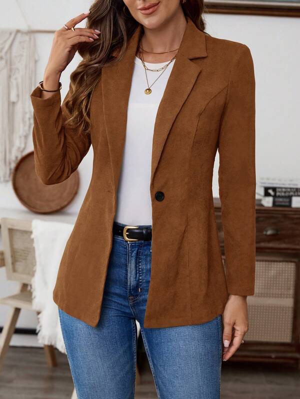 EMERY ROSE Women's Solid Color Lapel Neck Long Sleeve Single Breasted Casual Blazer Jacket, Autumn