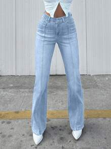EURMUSE Casual Bleash Washed Flare Leg High-Waisted Jeans - Light Wash - View 5