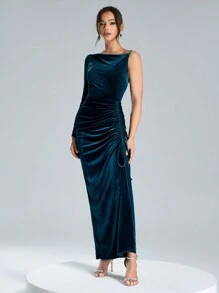 SHEIN Belle 女士纯色单肩长袖系腰休闲连衣裙，适合派对、鸡尾酒半正式舞会礼服、生日、婚礼嘉宾、毕业典礼、晚宴、返校节、圣诞节 - 綠色 - 查看 3