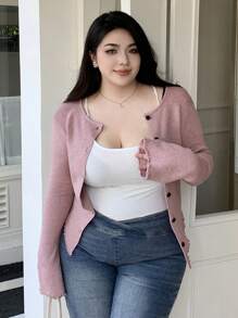 Dazy Plus Plus Size Solid Color Round Neck Asymmetrical Hem Fitted Flared Sleeve Cardigan,Fall Clothes