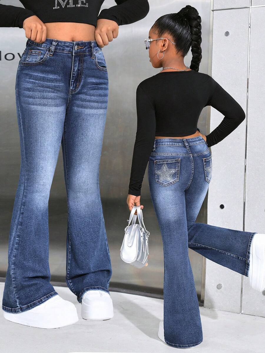 SHEIN Tween Girls Y2K Fashion Casual Flare Leg Jeans Star Pattern With Rhinestones, Girls Fall Clothes Back To School Outfits - Medium Wash - View 1