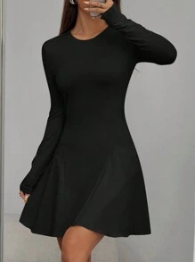 SHEIN EZwear 女式秋季修腰荷叶边连衣裙 - 黑色 - 查看 6