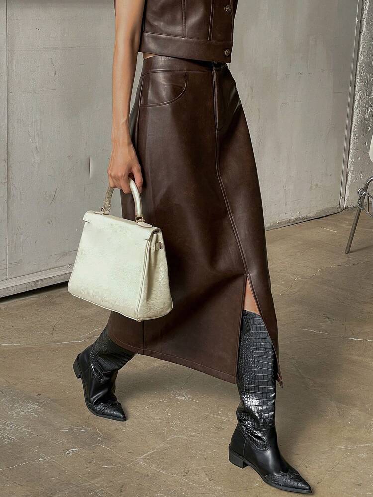 Women's Fall/Winter PU Leather Flap Detail Sleeveless Jacket & Split Hem Straight Skirt 2pcs Set