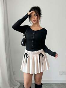 Chiquease Đầm nữ tay dài cổ tròn cài nút phía trước có viền bất đối xứng, thiết kế buộc eo - màu đen - Xem 5