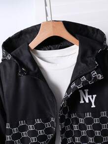 SHEIN Tween Boy Letter & Graphic Print Hooded Zip Front Long Sleeve Jacket