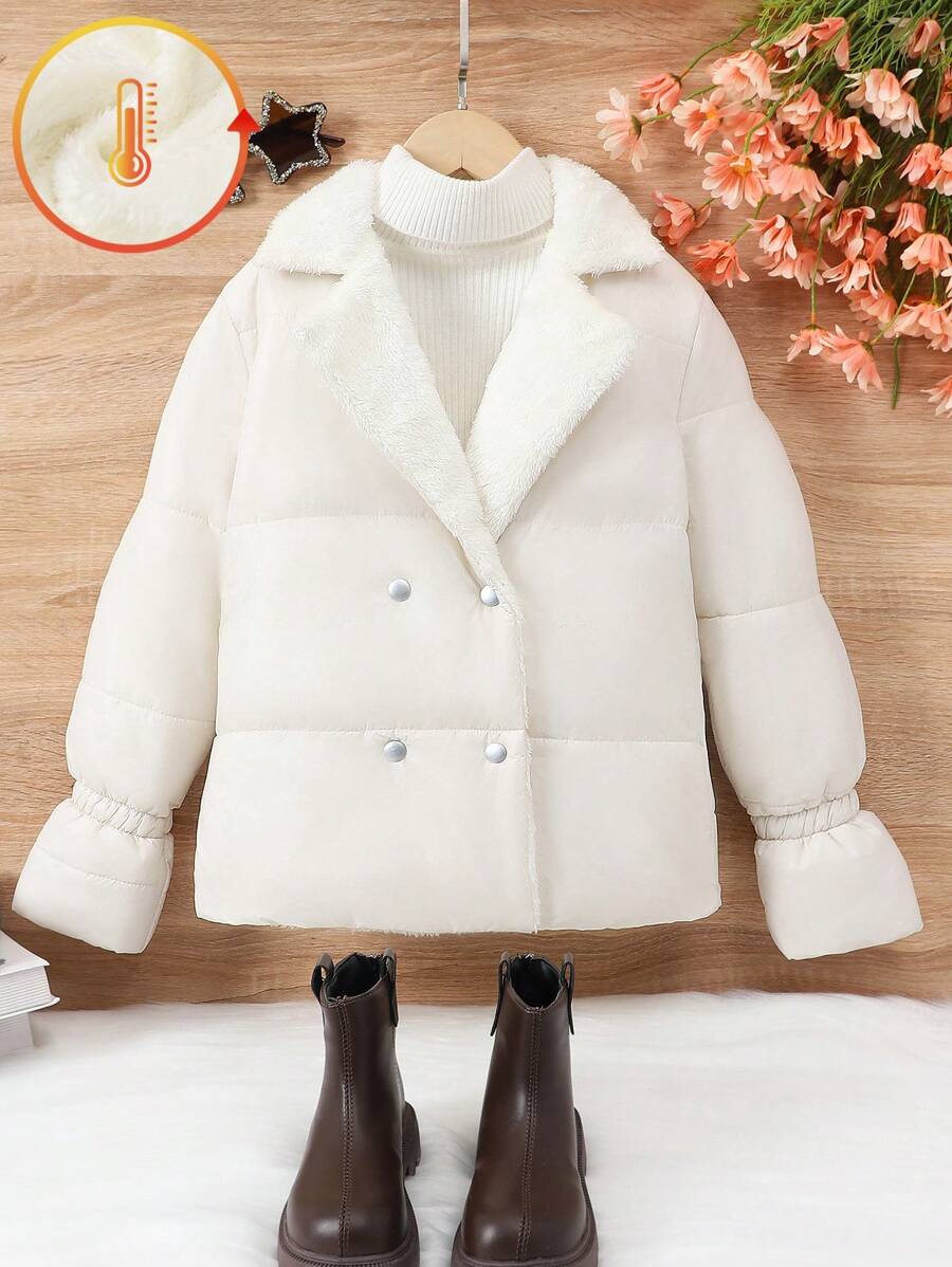 SHEIN Tween Girl Double Breasted Solid Color Fluffy Lined Short Padded Coat, Winter New Style - Apricot - View 1