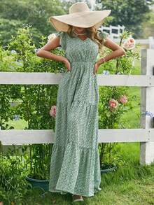 女士 V 领花卉荷叶边度假春夏连衣裙 - 綠色 - 查看 3