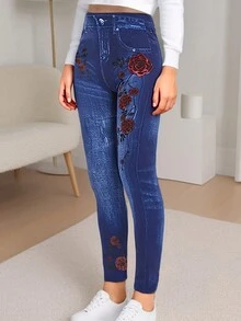 蓝色欧美女士休闲运动紧身裤，玫瑰花朵印花，牛仔效果，高弹力紧身，柔软舒适，适合居家、运动、瑜伽、健身、户外、春夏季 - 藍色 - 查看 6