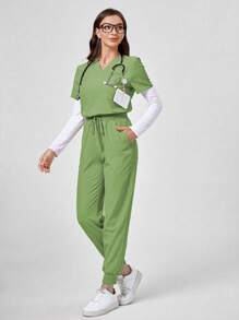TaskEZ Conjunto de uniforme de pijama quirúrgico de unicolor con top de manga corta y pantalones - Verde - Ver 1