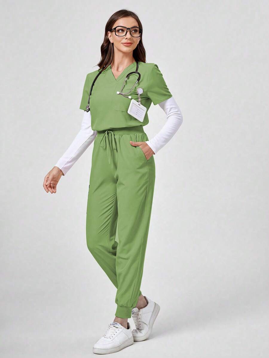 TaskEZ Conjunto de uniforme de pijama quirúrgico de unicolor con top de manga corta y pantalones - Verde - Ver 1