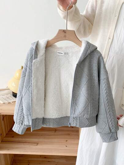 SHEIN LMoss Kids Chaqueta corta con capucha, esponjosa y de unicolor, de punto, para niña joven de LMoss