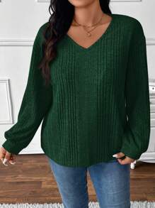 SHEIN Frenchy Áo thun tay dài cổ chữ V rộng rãi không đối xứng cỡ lớn - xanh quân đội - Xem 6