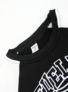 SHEIN 青少年男孩高街字母蜘蛛圖案圓領黑白抓絨衛衣 寬鬆街頭風 萬聖節 校園假期 秋冬款 - 黑色 - 查看 3