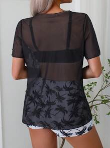 Swim Lushoire Bộ đồ bơi Tankini họa tiết cây cọ 3 mảnh cho nữ, áo, quần short và áo choàng mùa hè - Đen và trắng - Xem 2