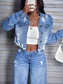 SHEIN Slayr Long Sleeve Denim Jacket, Spring Autumn New Casual Ripped Blue Women Coat - Blue - View 1