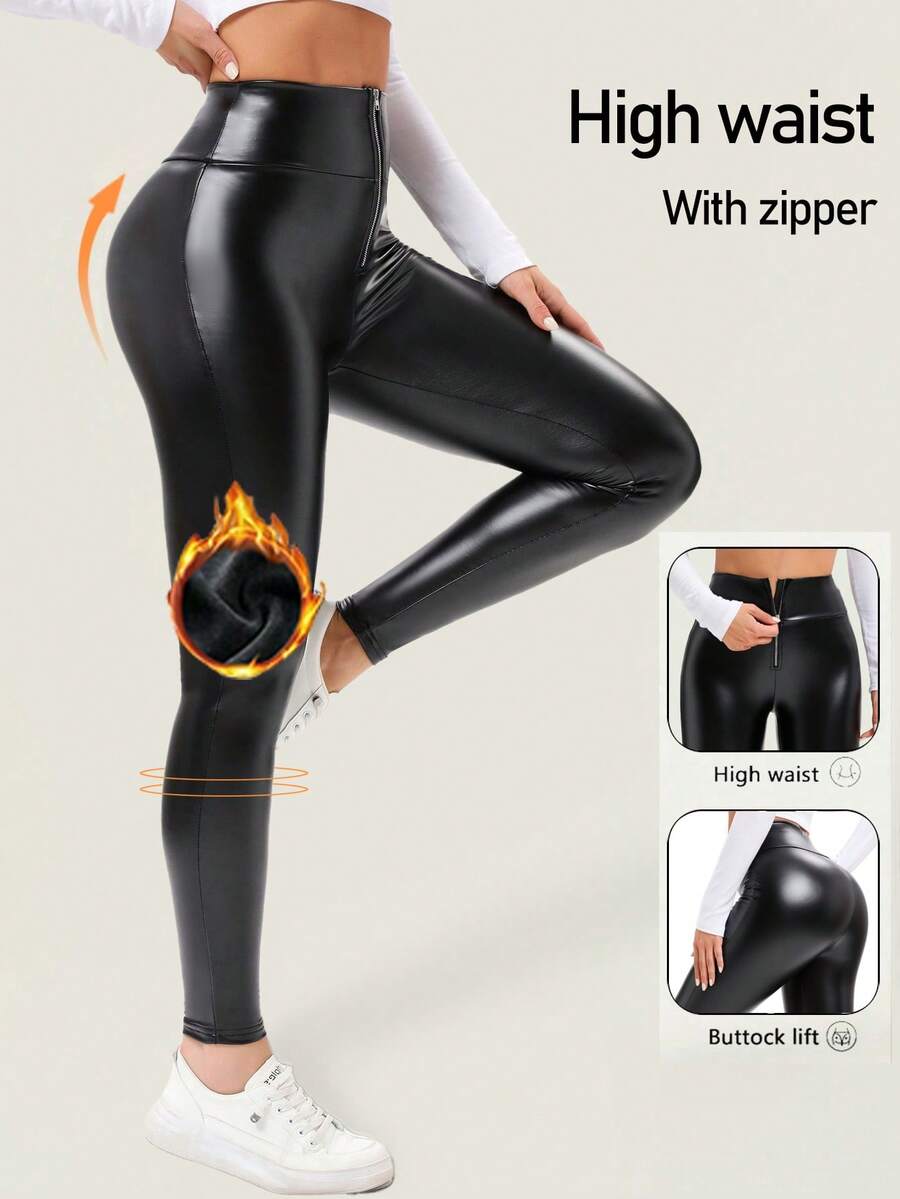 Women's Solid Color Minimalist Everyday Zipper Leggings - Black - View 1