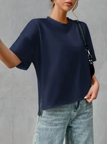 SHEIN Essnce Women's Casual Solid Color Simple Basic High Low T-Shirt, Summer - Navy Blue - View 5