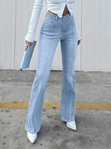 EURMUSE Casual Bleash Washed Flare Leg High-Waisted Jeans - Light Wash - View 6