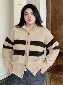 Dazy Plus 大码女式撞色条纹高领毛衣，秋季服装 - 黑與白 - 查看 4