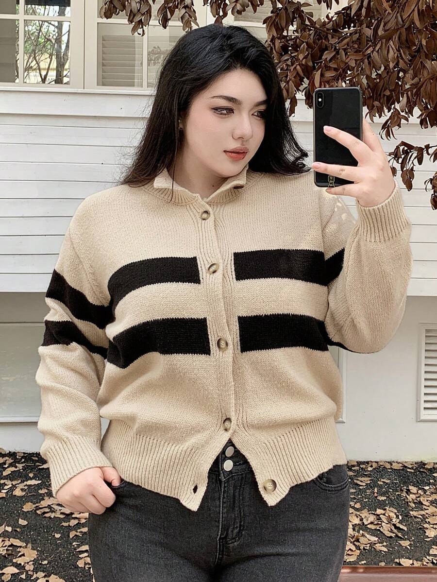 Dazy Plus 大码女式撞色条纹高领毛衣，秋季服装 - 黑與白 - 查看 1