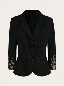 Plus Size Women Lapel Collar Contrast Stitch Single-Breasted Placket Blazer Jacket - Black - View 5