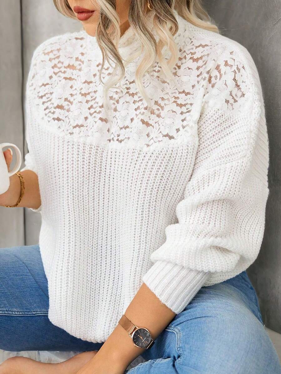 Calvaya Plus Size Solid Color Lace Patchwork Knit Sweater, Spring/Fall Knit Pullover Fall Winter - White - View 1