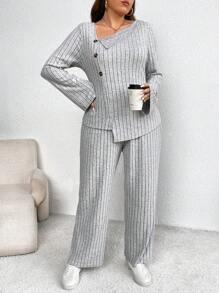 SHEIN LUNE Bộ 2 món/Bộ đồ nữ cỡ lớn màu trơn cổ áo bất đối xứng dài tay cài nút đơn & quần âu, mùa thu - Xám - Xem 5