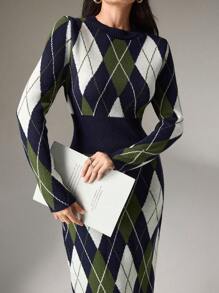 Modelyn Women Casual Argyle Pattern Waist Knitted Sweater Dress