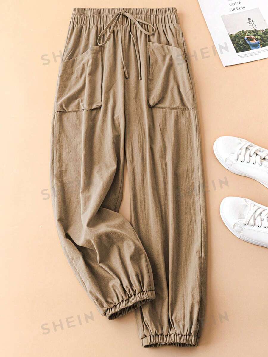 Pantalones informales de talla grande de unicolor con cintura elástica y bolsillos, para primavera/otoño