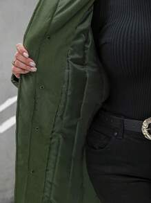 SHEIN LUNE Áo khoác có mũ trùm đầu chắp vá cỡ lớn dài tay có đệm thường ngày mùa đông - xanh quân đội - Xem 5