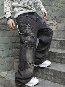 Manfinity Roghcode Quần Jeans Ống Rộng Dáng Rộng Phong Cách Đường Phố Thời Trang Cho Nam, Không Có Dây Xích, Quần Jeans Cargo Màu Xám Đậm, Dài Trơn, Rộng Rãi, Dành Cho Chồng, Quà Tặng Bạn Trai - Xám - Xem 4