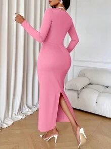 SOLERSUN 女式纯色圆领长袖褶皱修身喇叭长裙，优雅的秋季长款女装 - 粉色 - 查看 2