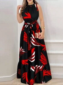 Breezaya Vestido largo de mujer con estampado de colores contrastantes y sin mangas