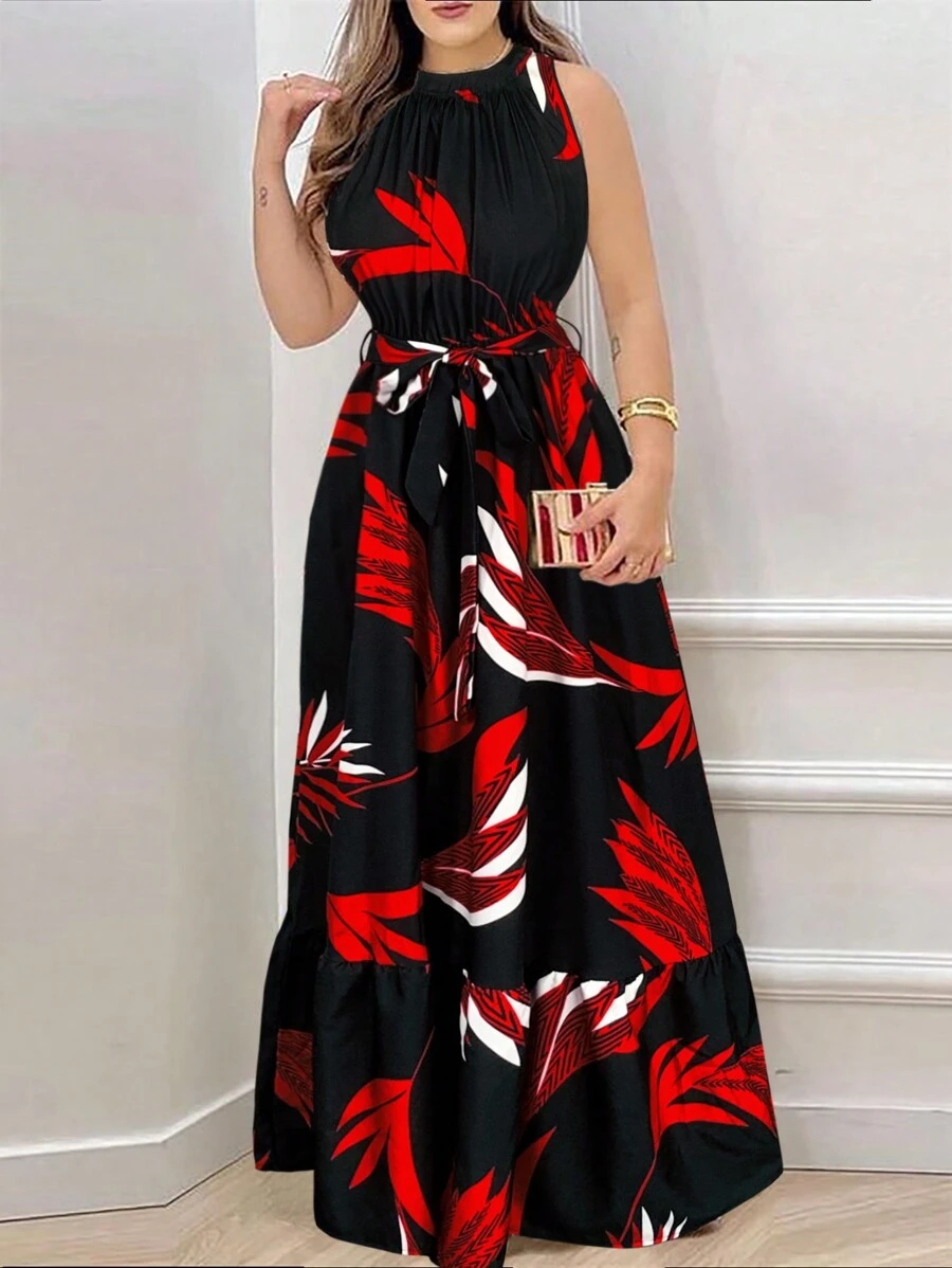 Breezaya Vestido largo de mujer con estampado de colores contrastantes y sin mangas