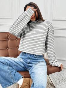 SHEIN EZwear Áo thun cổ tròn dệt kim in gân màu xám và trắng giản dị dành cho nữ, mùa thu - Xám - Xem 4