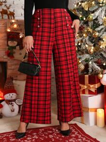 SHEIN LUNE Quần ống rộng in họa tiết kẻ caro cổ điển thường ngày cỡ lớn cho quần áo năm mới - Đỏ - Xem 1
