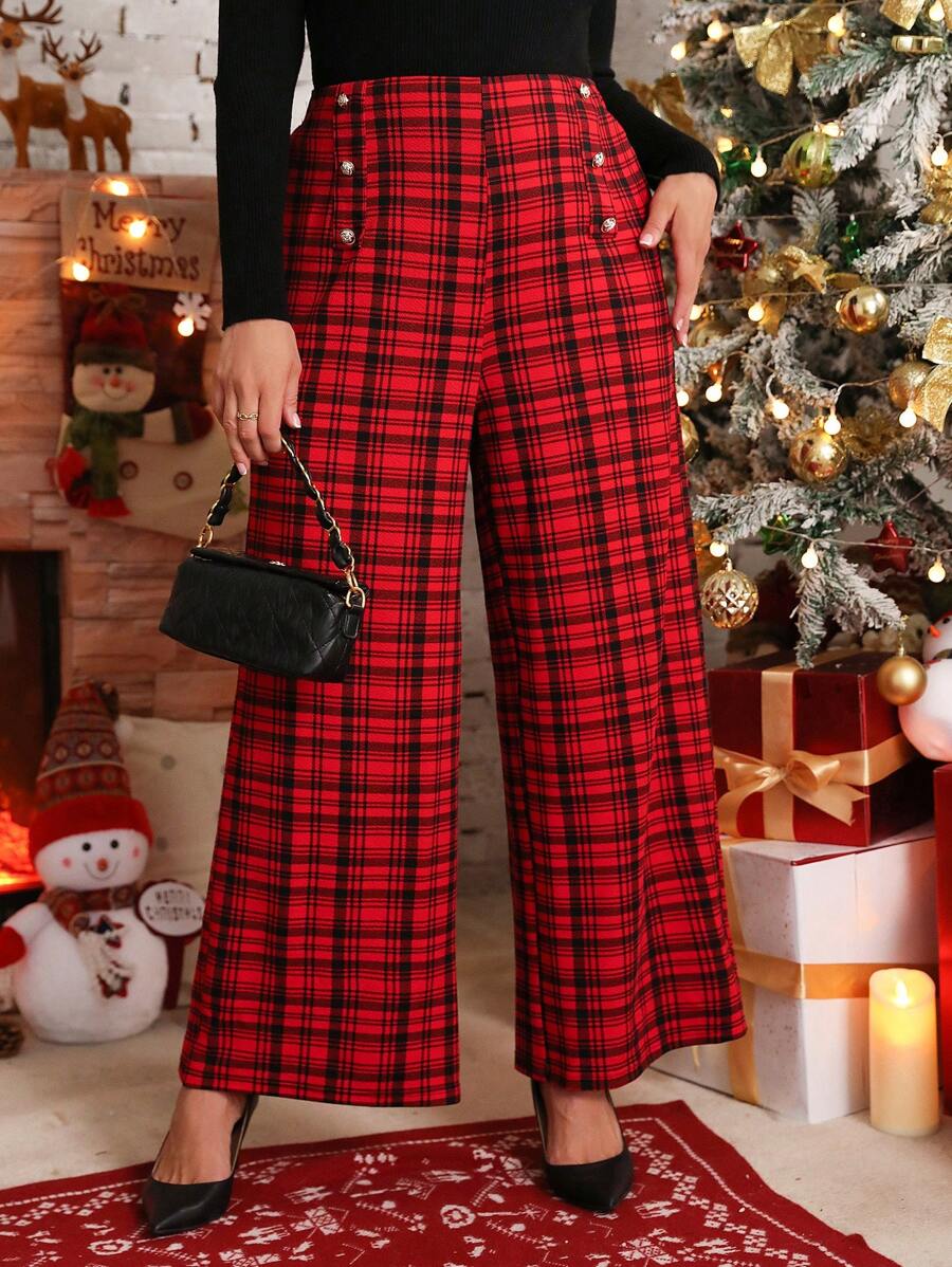 SHEIN LUNE Quần ống rộng in họa tiết kẻ caro cổ điển thường ngày cỡ lớn cho quần áo năm mới - Đỏ - Xem 1