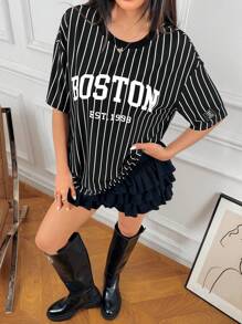 SHEIN EZwear Women Football Jersey Sports Competition Vertical Stripe Letter Print Patchwork Loose Short Sleeve T-Shirt - Black - View 5