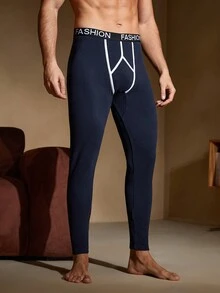 Men's Casual Letter Elastic Waist Slim Fit Warm Pants, Autumn & Winter - Navy Blue - View 4