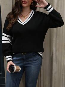 SHEIN LUNE Plus Size V-Neck Striped Print Casual Long Sleeve Pullover Sweater