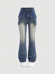 SHEIN 少女Y2K复古水洗翻盖口袋喇叭牛仔裤，秋季镂空街头服饰 - 中等水洗藍 - 查看 1