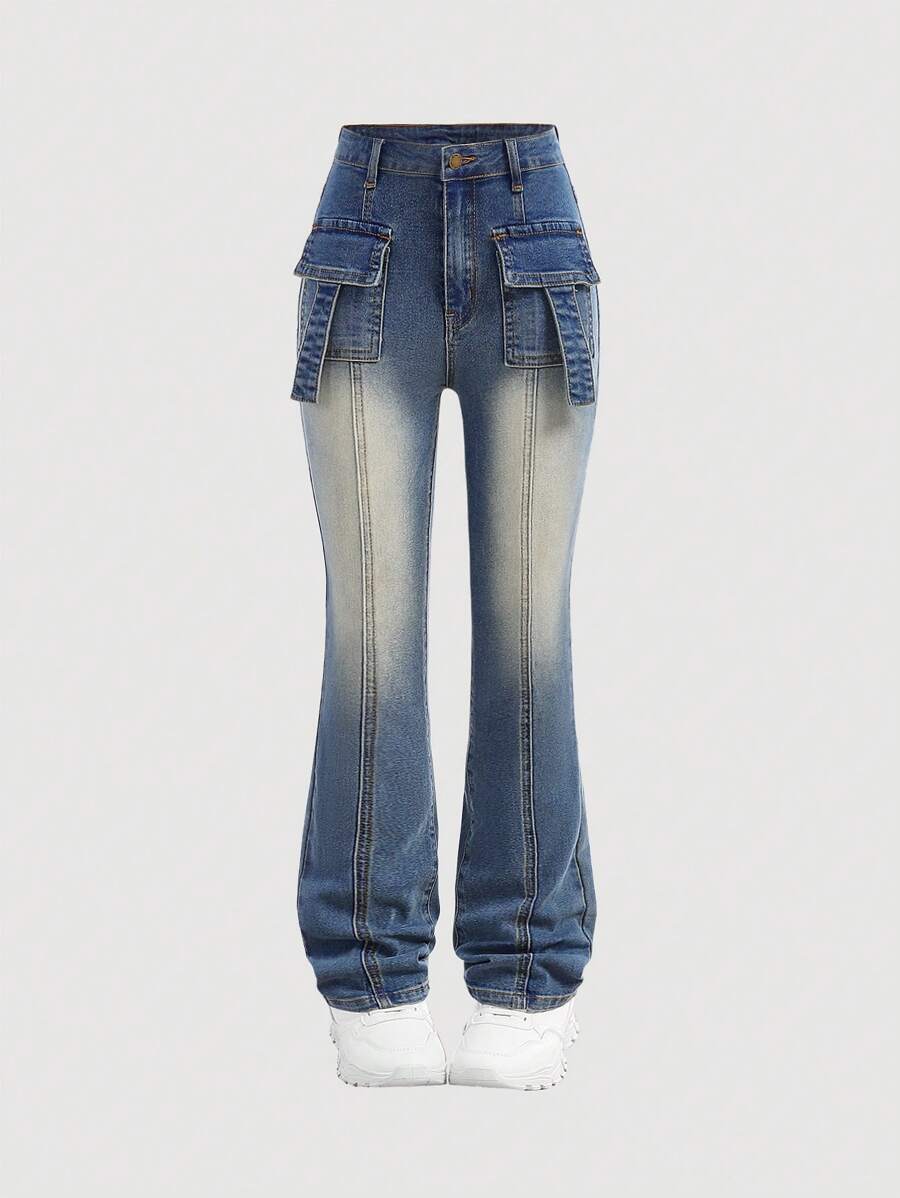 SHEIN 少女Y2K复古水洗翻盖口袋喇叭牛仔裤，秋季镂空街头服饰 - 中等水洗藍 - 查看 1